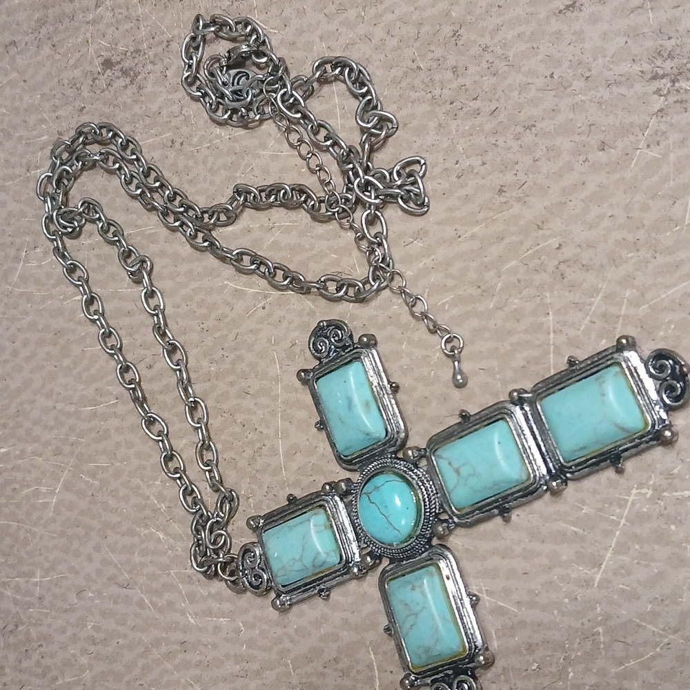 Turquoise Silver Cross Pendant Necklace